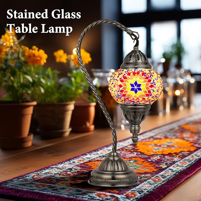 Marrakech Tiffany Lamp Turkish Table Lamps with Vintage Style, Handmade Moroccan Mosaic Lamp with Swan Neck Bronze Base Including LED Bulb for Living Room Bedroom Decor (Orange)