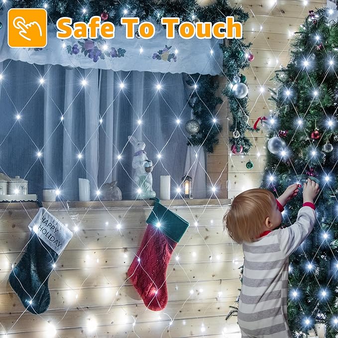 Ollny Net Lights Outdoor Mesh Lights IP67 Waterproof, 210LED 10x7ft Cool White Christmas Net Lights, Connectable Remote 8 Modes Tree Light for Bushes Shrubs Lawn Indoor Decorations