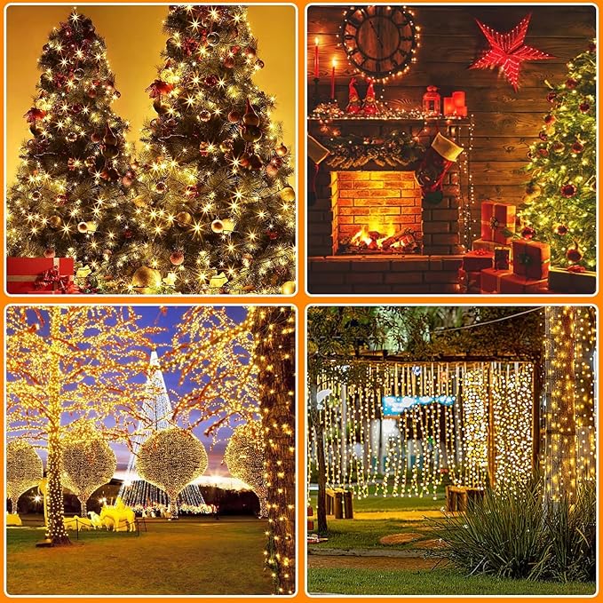 Battery Operated Christmas Lights, 33 FT 100 LED Mini String Lights with Timer and 8 Modes, Green Wire Outdoor Waterproof String Lights for Tree Xmas Indoor Holiday Party Garden Decor, Warm White