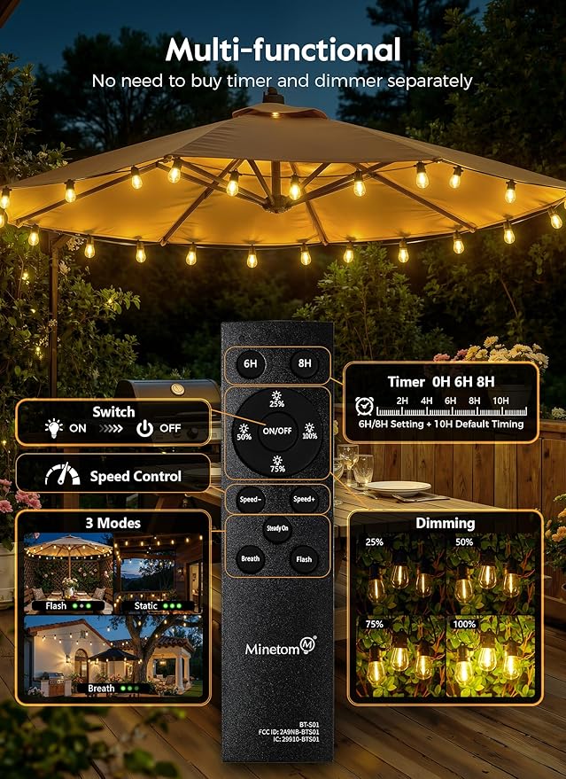 Minetom 202FT Solar String Lights Outdoor Waterproof, 65 LED S14 Shatterproof Bulb, Patio Lights with Remote Type-C Port Timable, 3 Light Modes Dimmable Solar String Lights for Outside, Yard, Camping