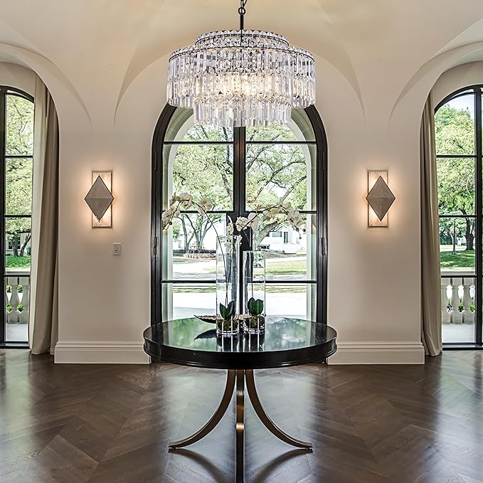 TOCHIC Black Modern Crystal Chandelier,2-Tier Round Height Adjustable Ceiling Light Fixture for Dining Room Living Room Bedroom Kitchen Foyer