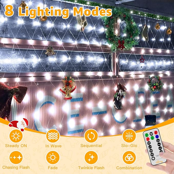 Ollny Net Lights Outdoor Mesh Lights IP67 Waterproof, 210LED 10x7ft Cool White Christmas Net Lights, Connectable Remote 8 Modes Tree Light for Bushes Shrubs Lawn Indoor Decorations