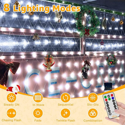 Ollny Net Lights Outdoor Mesh Lights IP67 Waterproof, 210LED 10x7ft Cool White Christmas Net Lights, Connectable Remote 8 Modes Tree Light for Bushes Shrubs Lawn Indoor Decorations