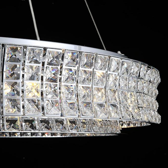 Modern Crystal Chandelier Round 20-Light Contemporary Hanging Ceiling Light Fixture Chrome Finish with Clear Rectangular Crystals Dining Room Living Room Bedroom Entryway Lighting Easy Install 39''