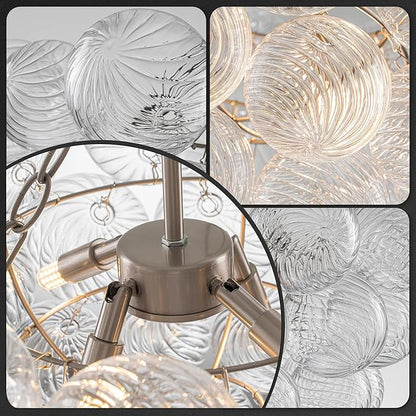 Hand Blown Glass Bubble Ball Chandelier Nickel-Plated 20" Small Pendant Lights Swirled Art Deco Cluster Ribbed Globe Blown Glass Chandeliers for Dining Room Bathroom Entry Bedroom