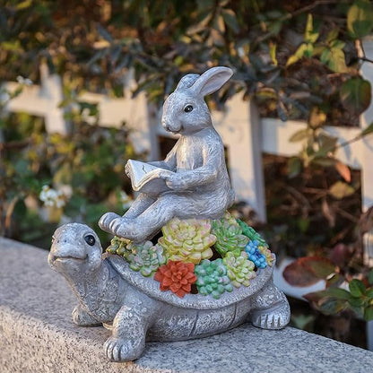 TERESA'S COLLECTIONS Garden Statues Rabbit Turtle Solar Outdoor Light for Garden Decor, Resin Outdoor Statues Tortoise Bunny Sculptures for Lawn Patio Porch Yard Decor Garden Gifts for Mom Women, 9"