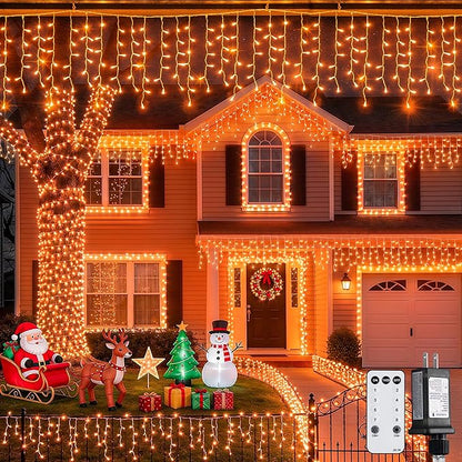 JMEXSUSS Orange Christmas Lights Outdoor, 800 LED Orange Icicle Lights Outdoor Waterproof, 8 Modes String Light Plug in for Fireplace Tree Garden Patio Thanksgiving Fall Halloween Decor