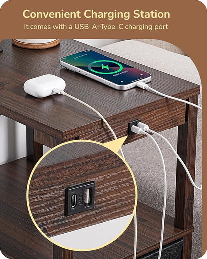 EDISHINE Floor Lamps for Living Room, 3000K-6500K Dimmable Floor Lamp with Table, USB-A+Type-C Charging Port, Table with Lamp Attached for Bedroom, Den, Office, Fire-Burned Wood Color