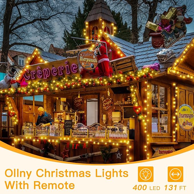 Ollny 400LED 131FT Christmas Lights Outdoor, Clear Wire Fairy Lights with Remote 3 Timer, Plug in 8 Modes String Lights for Bedroom Indoor Outside House Party Xmas Decorations, Warm White