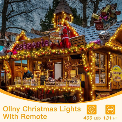 Ollny 400LED 131FT Christmas Lights Outdoor, Clear Wire Fairy Lights with Remote 3 Timer, Plug in 8 Modes String Lights for Bedroom Indoor Outside House Party Xmas Decorations, Warm White