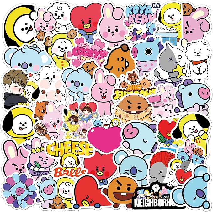 55pcs Cartoon BT21 Stickers for Water Bottle,Vinyl Waterproof BT21 Stickers for Laptop,Bumper,Skateboard,Water Bottles,Computer,Phone,Sticker for Kids Teens Adult