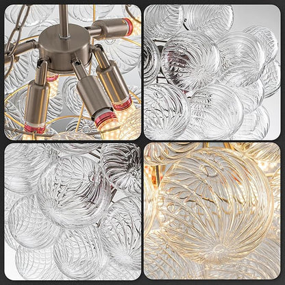 Hand Blown Glass Bubble Ball Chandelier Nickel-Plated 24" Pendant Lights Art Deco Cluster Ribbed Glass Swirled Globe Lighting for Dining Room Table Bar Bedroom Bathroom Entryway