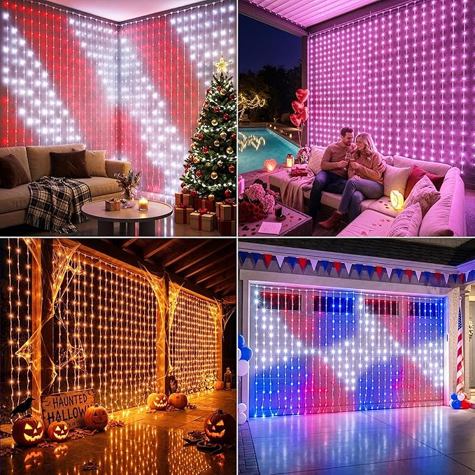 Color Changing Curtain Lights, 256 LED Red White Blue Window Curtain Lights with Remote, 5.16 * 5.24ft Plugin July 4th Window Fairy Light for Christmas July 4th Halloween Bedroom Wedding Home Decor