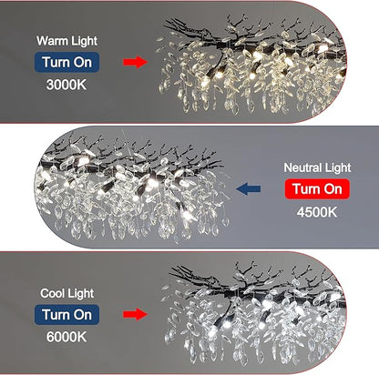 Modern Crystal Tree Branches Chandelier, 47.5in Black 14 Lights Large Ceiling Hanging Light for Dining Room, Rectangle Raindrop Pendant Light Fixture