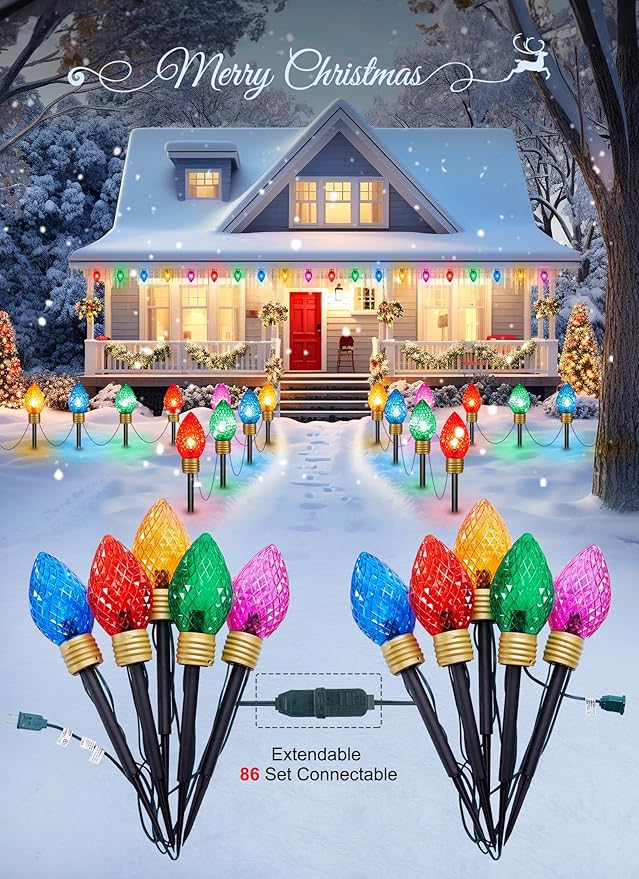 Brightown Strawberry Jumbo C9 Christmas Pathway Lights Outdoor,Christmas Outside Decoration Lawn,8.5Ft 5 LED String Lights Covered Jumbo Multicolored Walkway Light Bulb for Holiday Outside Yard Decor