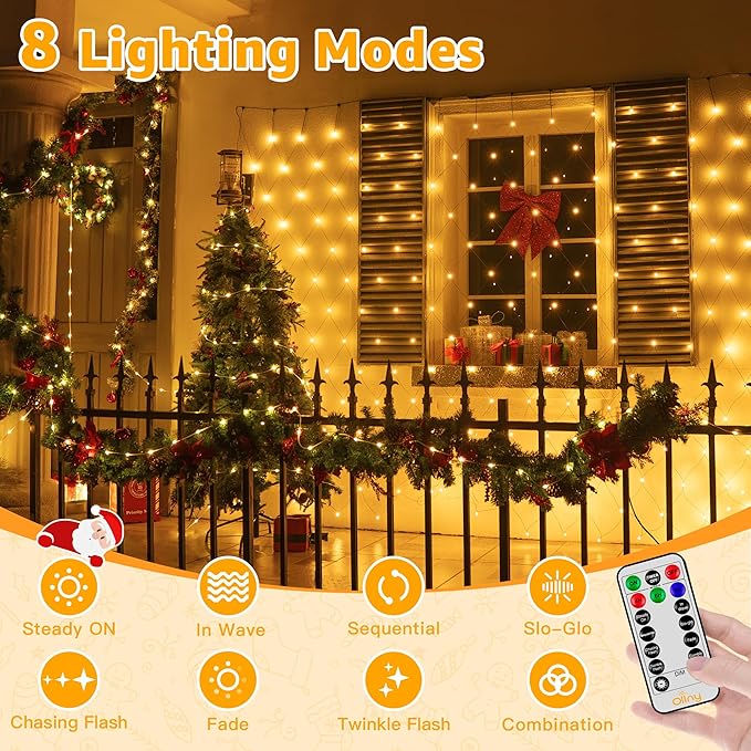 Ollny Net Lights Outdoor Mesh Light, 210LED 10x7ft Green Wire Christmas Net Lights, IP67 Waterproof, 8 Modes Plug in Bush Light for Tree Shrubs Outside Patio Decorations, Warm White