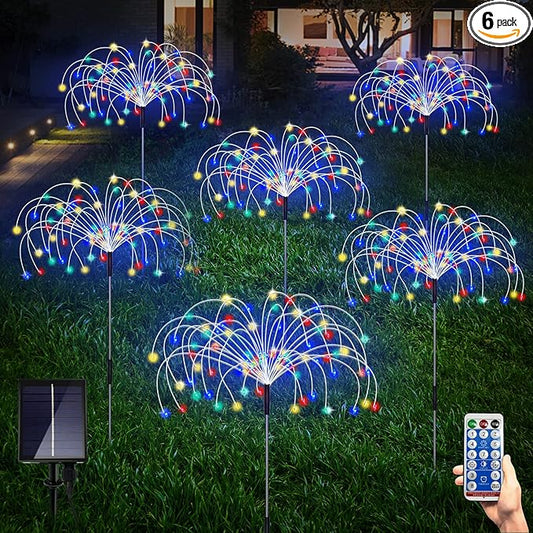 Maleyt 6 Pack Solar Garden Lights, Firework Lights, Decorative, 8 Lighting Modes with Remote 120 LED Twinkling Waterproof Landscape Outdoor Decor, for Pathway Backyard Walkway Patio