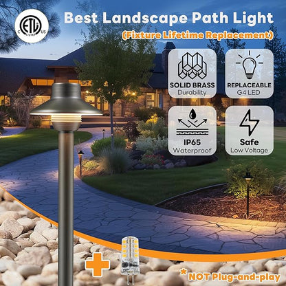 Gardenreet Low Voltage Pathway Lights Brass, LED Landscape Path Lights, Yard Lights Outdoor Waterproof IP65, 12V Wired Mini Shade Bronze for Garden Walkway with 3W 270LM 2700K G4 Bulb 4 Pack