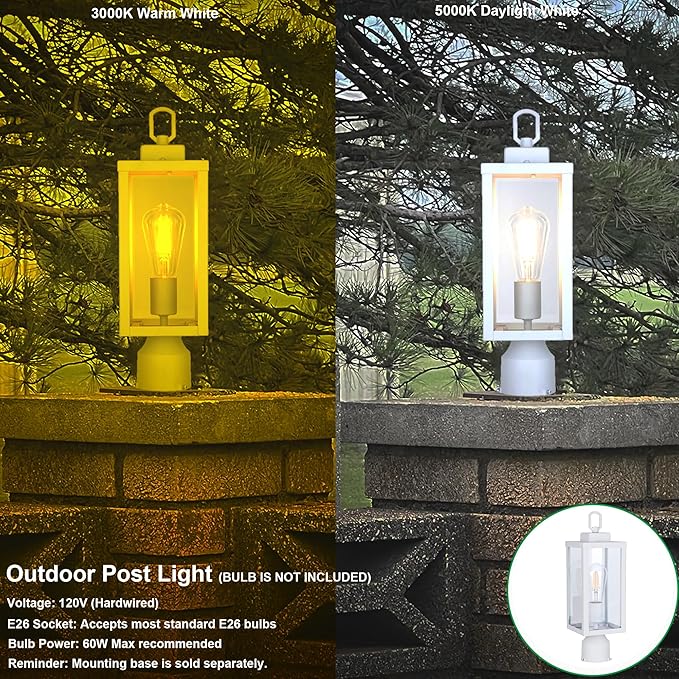 GRUENLICH Outdoor Post Lighting Fixture Pole Lantern, E26 Medium Base Max 60W, Metal Housing Plus Glass, Matte White Finish, Bulb Not Included, 1 Pack