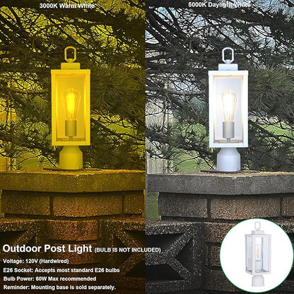 GRUENLICH Outdoor Post Lighting Fixture Pole Lantern, E26 Medium Base Max 60W, Metal Housing Plus Glass, Matte White Finish, Bulb Not Included, 1 Pack