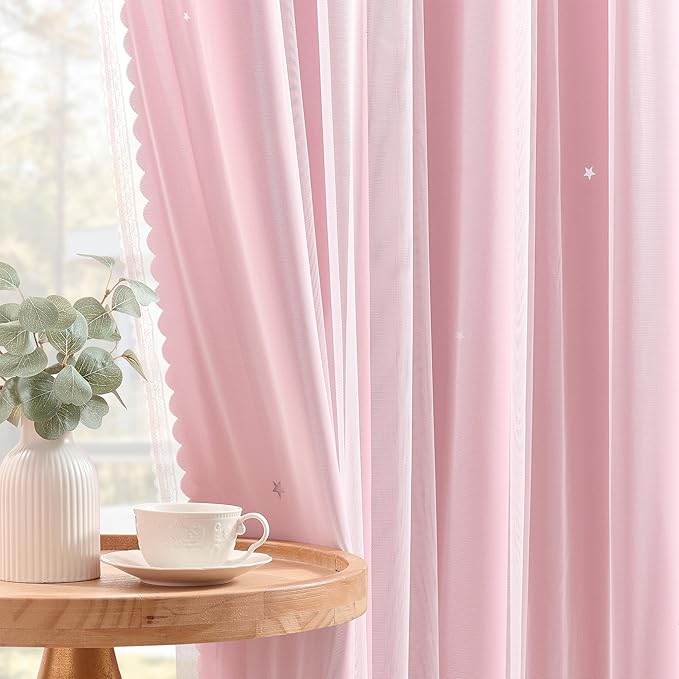 XiDi Pink Blackout Curtains with Sheer Overlay Mix and Match Double Layer 80% Room Darkening Window Treatment Set for Girls Bedroom Living Room Pink Star Drapes with Tiebacks Grommet Top 34" Wx96 Lx2