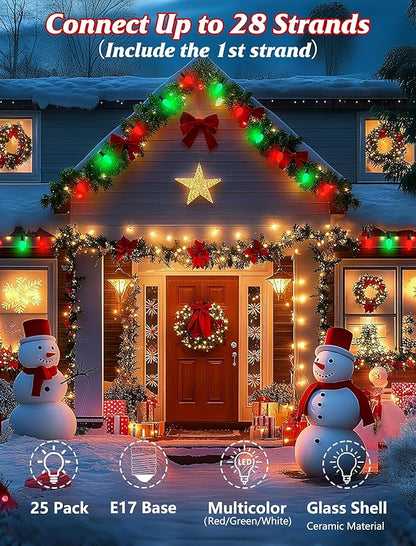 C9 LED Christmas String Lights Outdoor, 25Ft Red and Green Vintage Christmas Lights with 26 C9 Red/Green Bulbs, Outdoor Hanging Patio Light for Xmas Tree Path Roofline Wedding Party Decoration