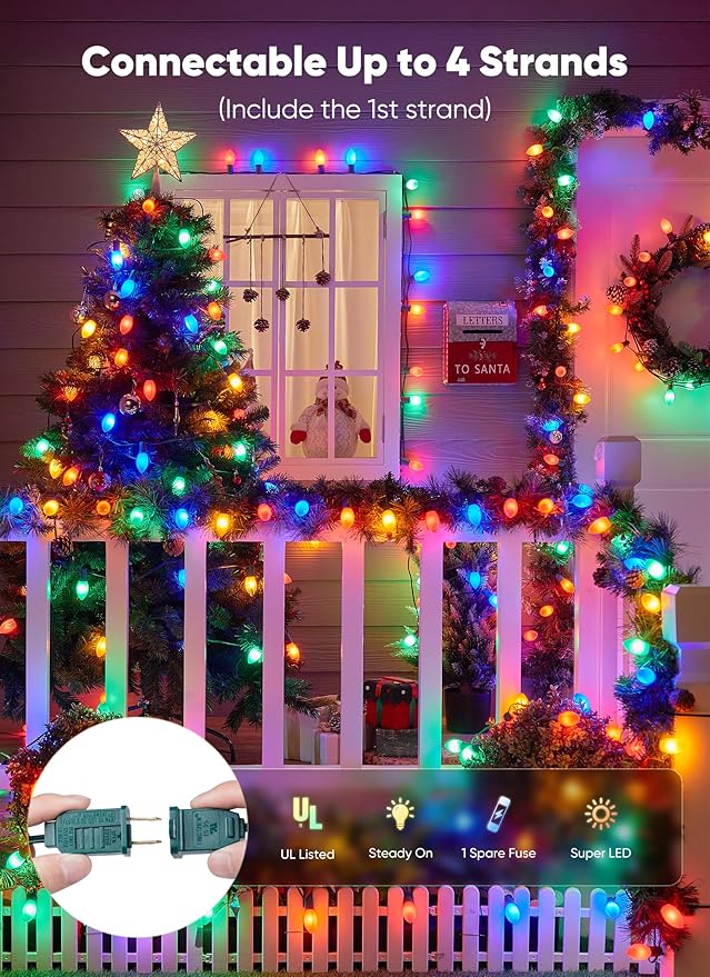 C9 LED Christmas Lights Outdoor, 150 Feet C9 String Lights with 150 Shatterproof Matte Bulbs, Connectable Waterproof Christmas Tree Lights for Holiday Roofline Backyard Garden Decor, Multicolor