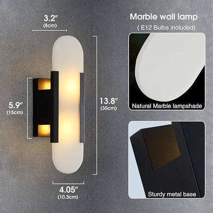 13.8in Alabaster Wall Sconces Set of Two, Natural Marble Wall Lighting，Alabaster Wall Lamp for Bedroom Stairs, Living Room, Vanity, Hallway Bedside(Bulb Included)