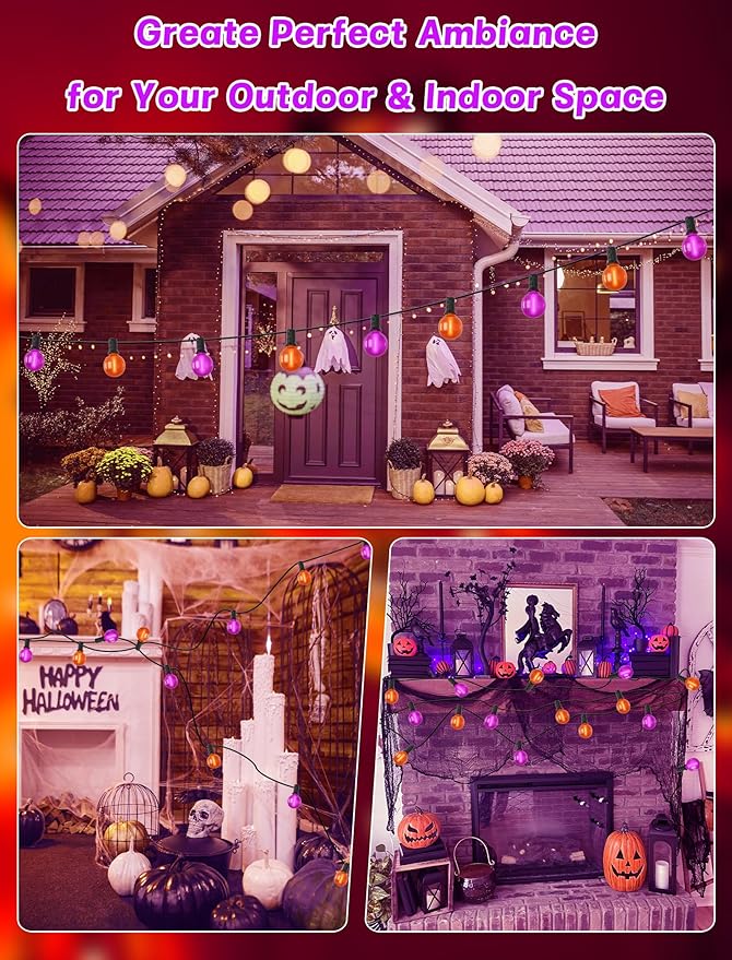50ft Halloween Outdoor String Lights, G40 LED Halloween Globe Lights with 27 Frosted Orange and Purple Bulbs(2 Spare) for Outdoor Indoor Patio Yard Roofline Decorations, E12 Socket, Black Wire