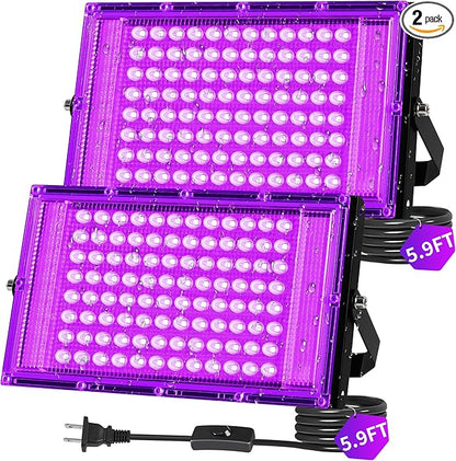 THECHAM 100W LED Black Lights IP66 Waterproof Black Light Outdoor with 5.9ft Plug+Switch,Flood Blacklight for Halloween Glow in The Dark Party Stage Light Neon Glow Birthday 2 Pack