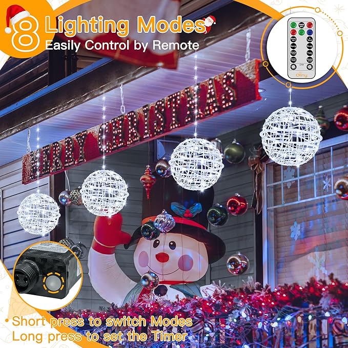 Ollny Christmas Lights Outdoor 4Pack 7.87inch, Cool White 200 LED Ball Light with Plug in Remote, 8 Modes IP67 Waterproof Connectable Sphere Tree Lights for Indoor House Yard Garage Decorations