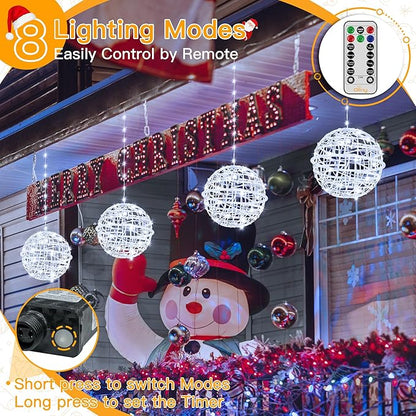 Ollny Christmas Lights Outdoor 4Pack 7.87inch, Cool White 200 LED Ball Light with Plug in Remote, 8 Modes IP67 Waterproof Connectable Sphere Tree Lights for Indoor House Yard Garage Decorations