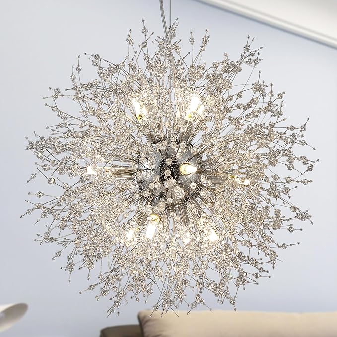 Sputnik Crystal Chandeliers, 12 Lights Dandelion Chandelier Chrome, Modern Firework Pendant Light Fixture for Kitchen Island Dining Room Bedroom