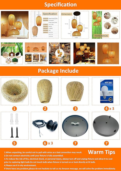 GWY Bamboo Lantern Pendant Lamp, Retro Japanese Style Nature E27 Chandelier Hanging Light Ceiling Lighting Fixture for Living Room Bedroom Restaurant Cafe Teahouse Bar Dining Room Club