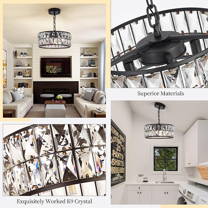 Modern Black Crystal Pendant Light 4-Light,Crystal Small Chandelier,12-Inch Small Round Semi Flush Mount Ceiling Light for Kitchen Island & Entryway