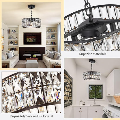 Modern Black Crystal Pendant Light 4-Light,Crystal Small Chandelier,12-Inch Small Round Semi Flush Mount Ceiling Light for Kitchen Island & Entryway