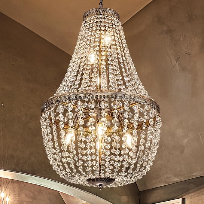 Wellmet French Empire Crystal Chandelier Farmhouse Antique Bronze Chandeliers Light Fixture, 7 Lights Adjustable Pendant Light for Dining Living Room, Bedroom, Entryway, Kitchen, Foyer, 19" W