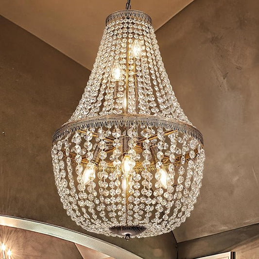 Wellmet French Empire Crystal Chandelier Farmhouse Antique Bronze Chandeliers Light Fixture, 7 Lights Adjustable Pendant Light for Dining Living Room, Bedroom, Entryway, Kitchen, Foyer, 19" W