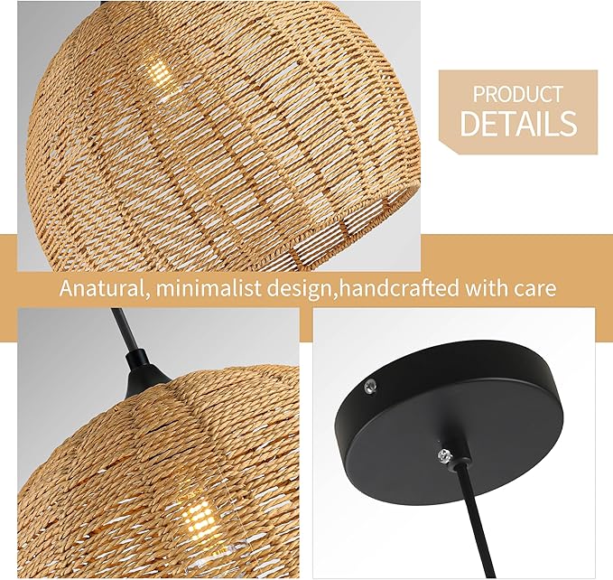 16.1 inch Hemp Rope Woven Pendant Light Wicker Pendant Light Rattan Light Fixture Boho Chandelier Farmhouse Chandelier Dome Pendants Light for Dining Room Bedroom Kitchen