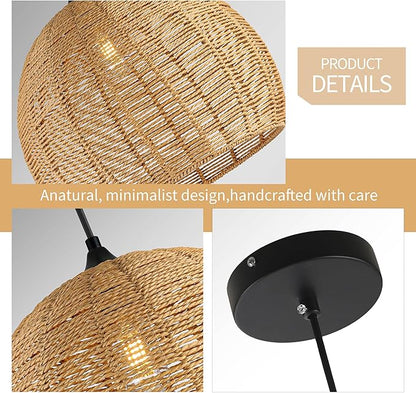 16.1 inch Hemp Rope Woven Pendant Light Wicker Pendant Light Rattan Light Fixture Boho Chandelier Farmhouse Chandelier Dome Pendants Light for Dining Room Bedroom Kitchen