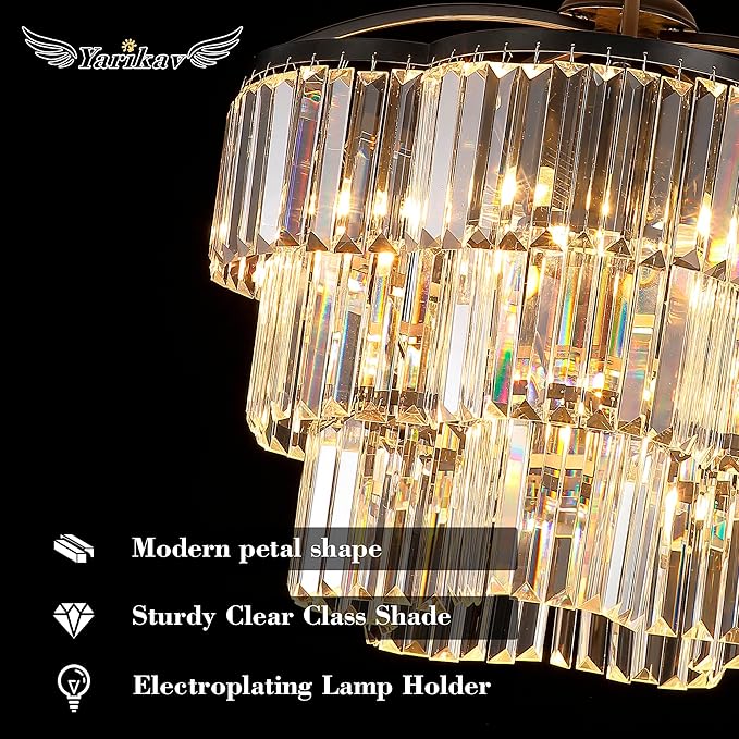 Black Crystal Chandelier - 3 Tiered Adjustable Modern Pendant Light for Dining Room Foyer Living Room Bedroom Kitchen Entryway (6 Lights)