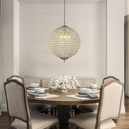 ALOADECOR 5-Light W20 in Vintage Crystal Sphere Chandelier in Antique Gold Modern Glam Globle Cage-Style Shade Pendant Light for Dining Room Living Room