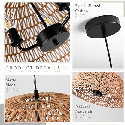 24" Brown Woven Pendant Light Boho Chandelier Dome Rustic Farmhouse Chandelier Wicker Pendant Light Rattan Light Fixture for Dining Room Living Room Bedroom Kitchen Island Foyer(Bulb Incl)