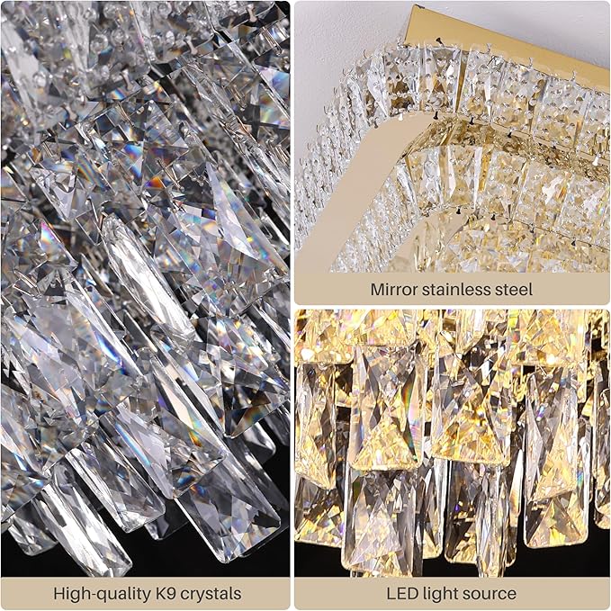 Miuyhji Elegant LED Crystal Raindrop Ceiling Light,24 Inch Square Gold Flush Mount Chandelier Light Fixture,Remote/APP, for Living Room Kitchen Dining Room Bedroom Hallway Entryway Foyer (Dimmable)