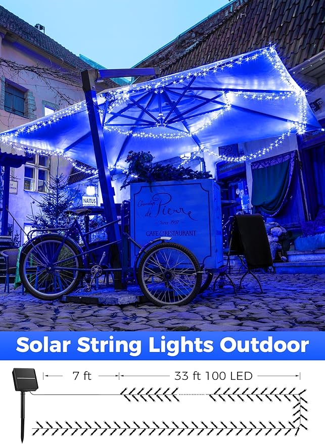 Minetom Solar String Lights Outdoor Waterproof- 40 FT 100 LED Solar Powered String Lights with 8 Lighting Modes, IP65 Waterproof Solar Christmas Lights for Outdoor Outside Tree Party Decor, Blue