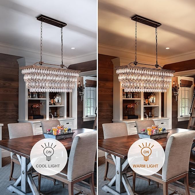 Wellmet Dining Room Crystal Chandelier,30 inch Antique Bronze Rectangle Crystal Ceiling Light,4 Lights Farmhouse Kitchen Island Lighting,Adjustable Hanging Light Fixtures