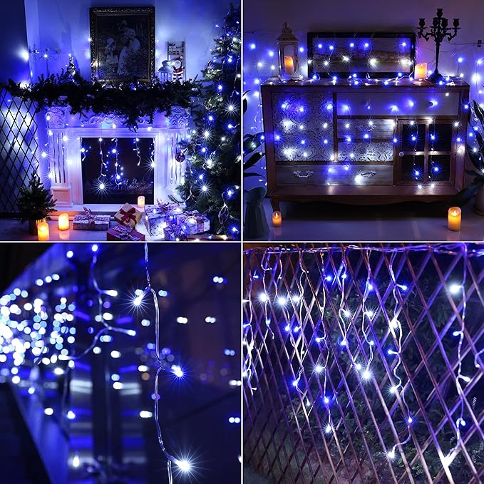 Joomer Christmas Icicle Lights - 33FT Plug in String Lights Waterproof, 8 Modes Timer Connectable Outdoor String Light for Christmas Party, Eaves, Roofs, Xmas Decorations (White+Blue)