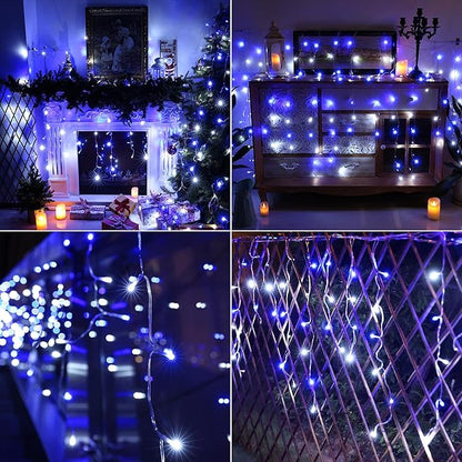 Joomer Christmas Icicle Lights - 33FT Plug in String Lights Waterproof, 8 Modes Timer Connectable Outdoor String Light for Christmas Party, Eaves, Roofs, Xmas Decorations (White+Blue)