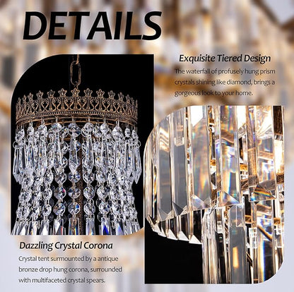 TOCHIC French Empire Crystal Chandelier Modern Farmhouse Chandelier Ceiling Light for Foyer Entryway High Ceiling, Vintage Antique Bronze Chandelier Light Fixture for Dining Living Room 28" W x 48" H