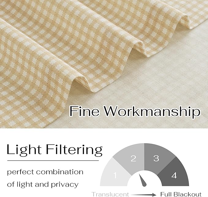 NICETOWN Linen Kitchen Short Curtains 36 Inch Length 2 Panels, Butter Yellow Plaid Rustic Farmhouse Decor Drapes, Light Filtering Tier Curtains with Rod Pocket for Bedroom Bathroom, 30×36
